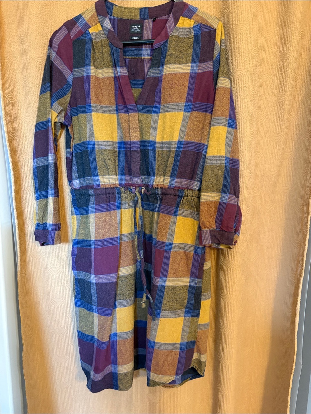 Prana Plaid Long-Sleeve Drawstring Dress in Yellow, Blue & Purple